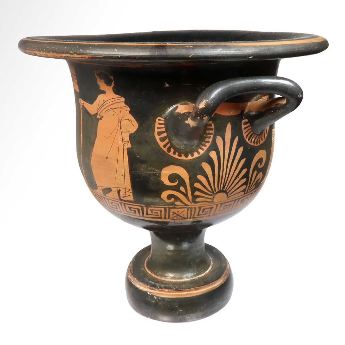 Side B of the krater: two draped figures facing each other, with a palmette below the handle.